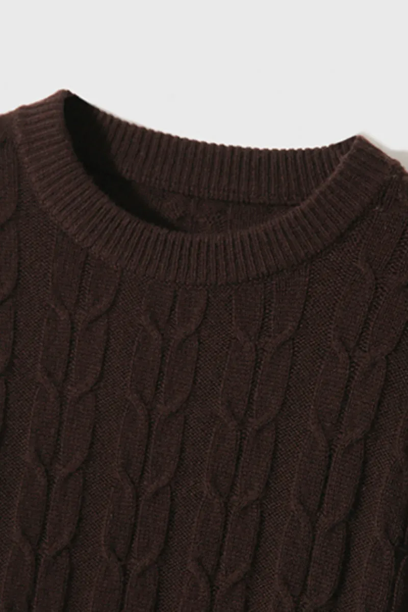 Merino Wool & Cashmere Blend Cable Knit Crewneck Sweater with Flared Sleeve
