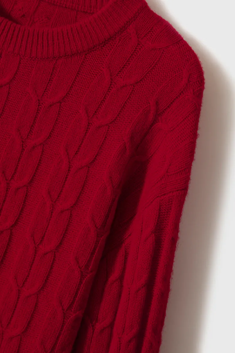 Merino Wool & Cashmere Blend Cable Knit Crewneck Sweater with Flared Sleeve