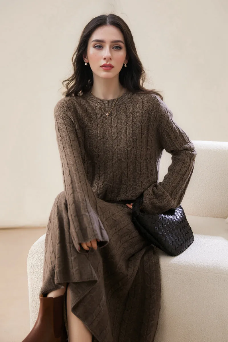 Merino Wool & Cashmere Blend Cable Knit Crewneck Sweater with Flared Sleeve