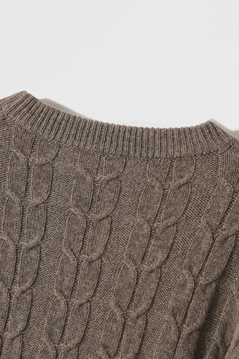 Merino Wool & Cashmere Blend Cable Knit Crewneck Sweater with Flared Sleeve