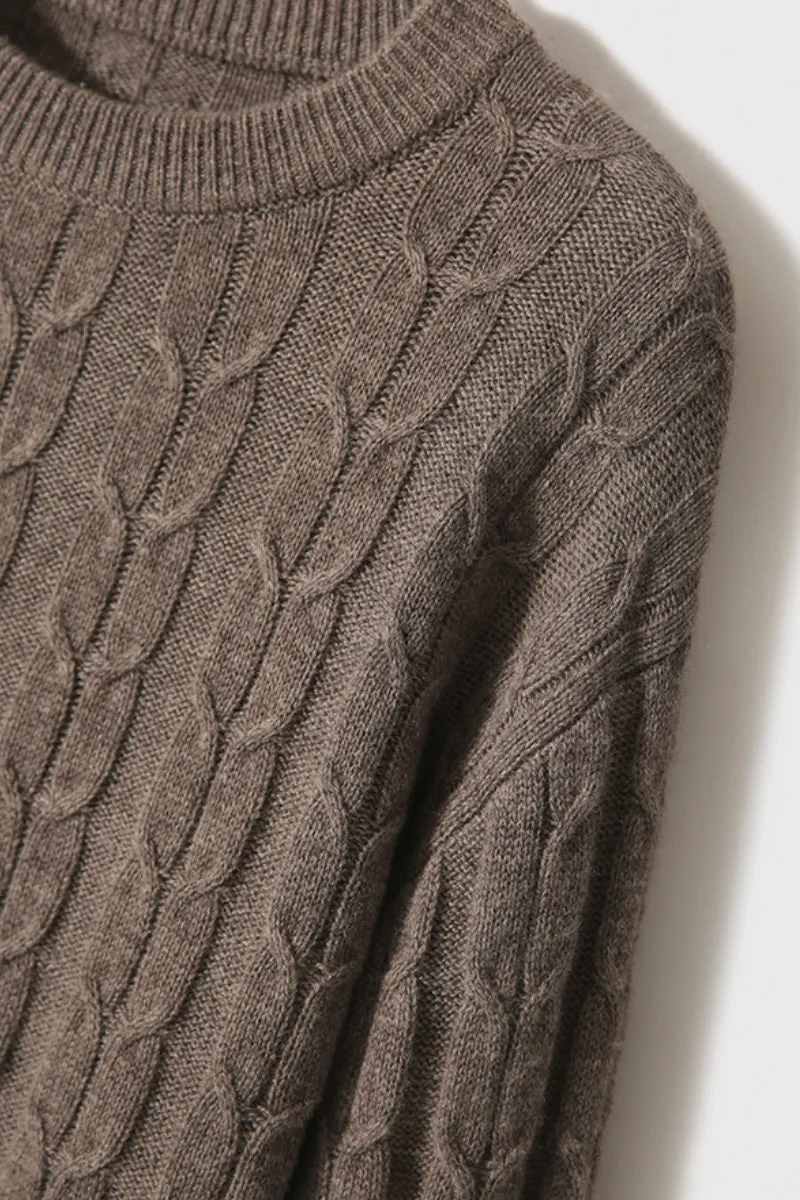 Merino Wool & Cashmere Blend Cable Knit Crewneck Sweater with Flared Sleeve