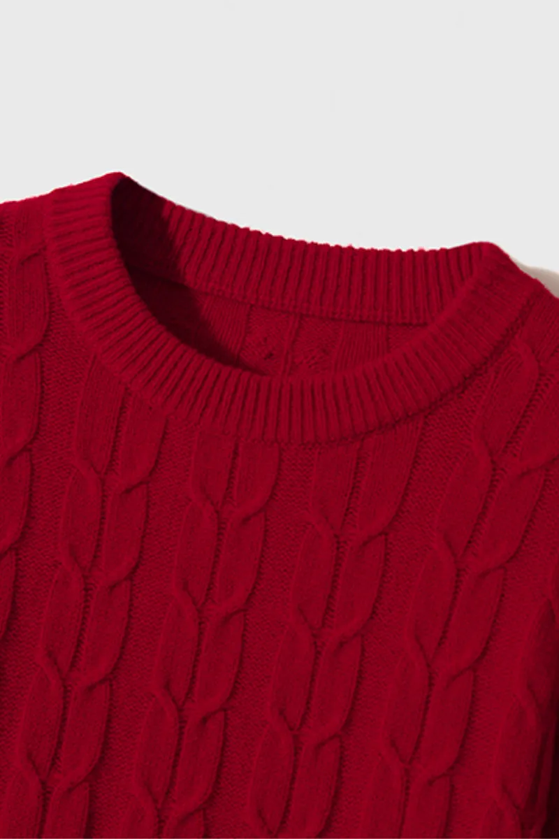 Merino Wool & Cashmere Blend Cable Knit Crewneck Sweater with Flared Sleeve