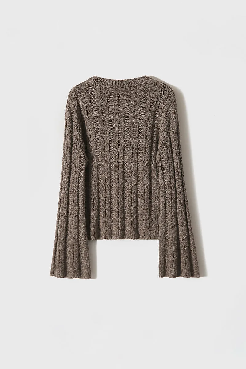 Merino Wool & Cashmere Blend Cable Knit Crewneck Sweater with Flared Sleeve