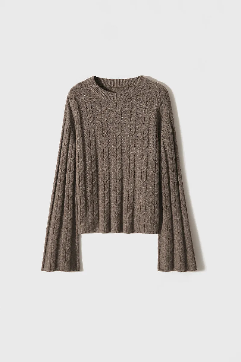 Merino Wool & Cashmere Blend Cable Knit Crewneck Sweater with Flared Sleeve