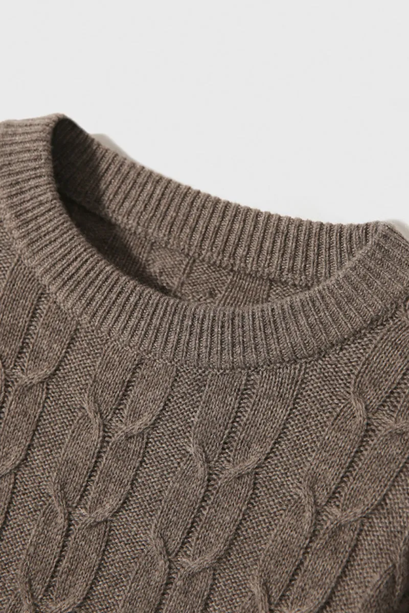 Merino Wool & Cashmere Blend Cable Knit Crewneck Sweater with Flared Sleeve