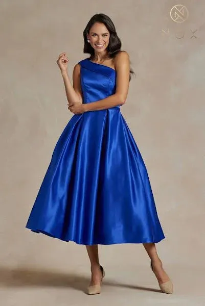 Nox Anabel JE931 One Shoulder Tea Length Dress Reception Formal Wedding Party Gown