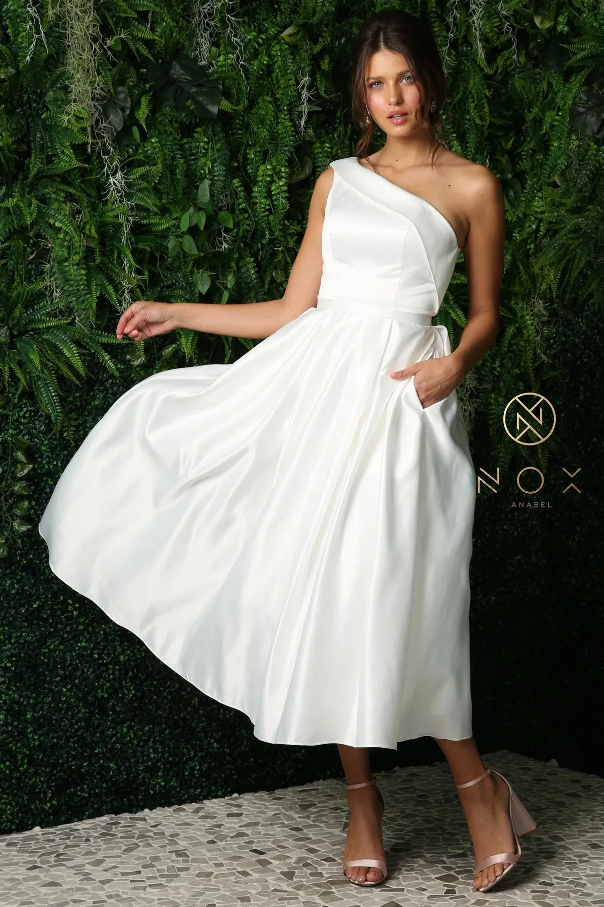 Nox Anabel JE931 One Shoulder Tea Length Dress Reception Formal Wedding Party Gown