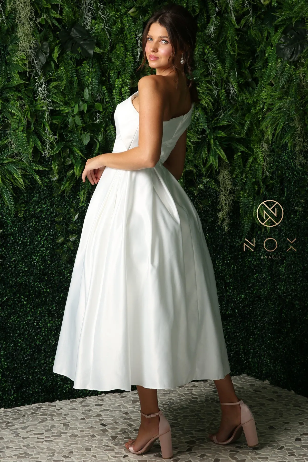 Nox Anabel JE931 One Shoulder Tea Length Dress Reception Formal Wedding Party Gown