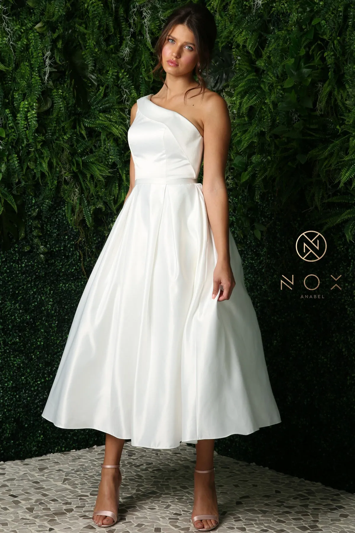 Nox Anabel JE931 One Shoulder Tea Length Dress Reception Formal Wedding Party Gown