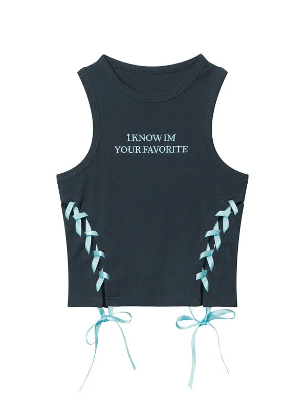 Nvuvu Embroidered Sleeveless Ribbon Drawstring Tank Top