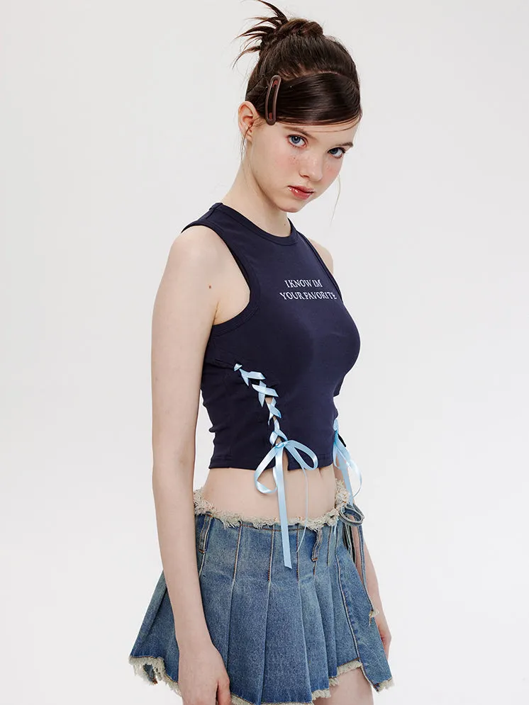 Nvuvu Embroidered Sleeveless Ribbon Drawstring Tank Top
