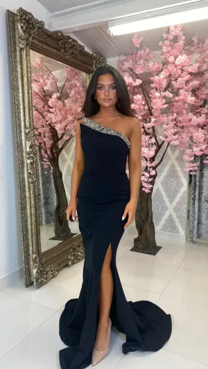One Shoulder With Silver Embellished Detailed Full Length Gown