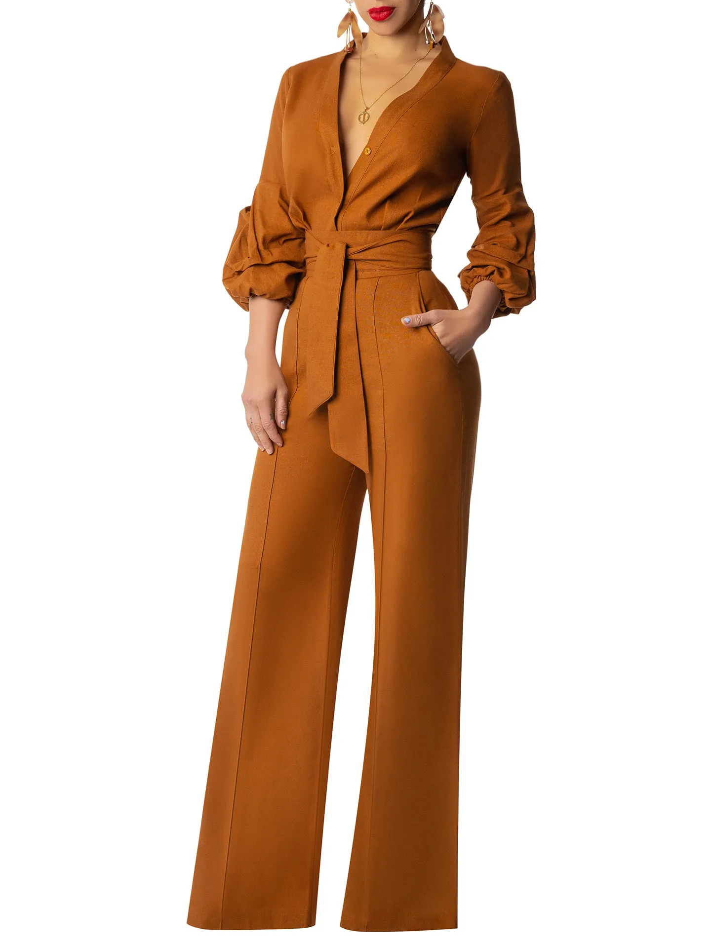 "Chestnut" Cognac Linen Button-Down Jumpsuit
