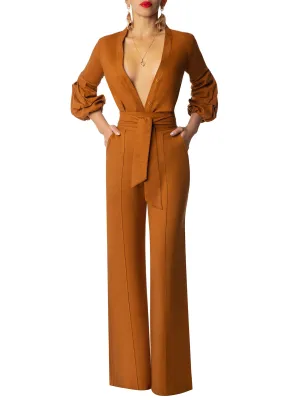 "Chestnut" Cognac Linen Button-Down Jumpsuit