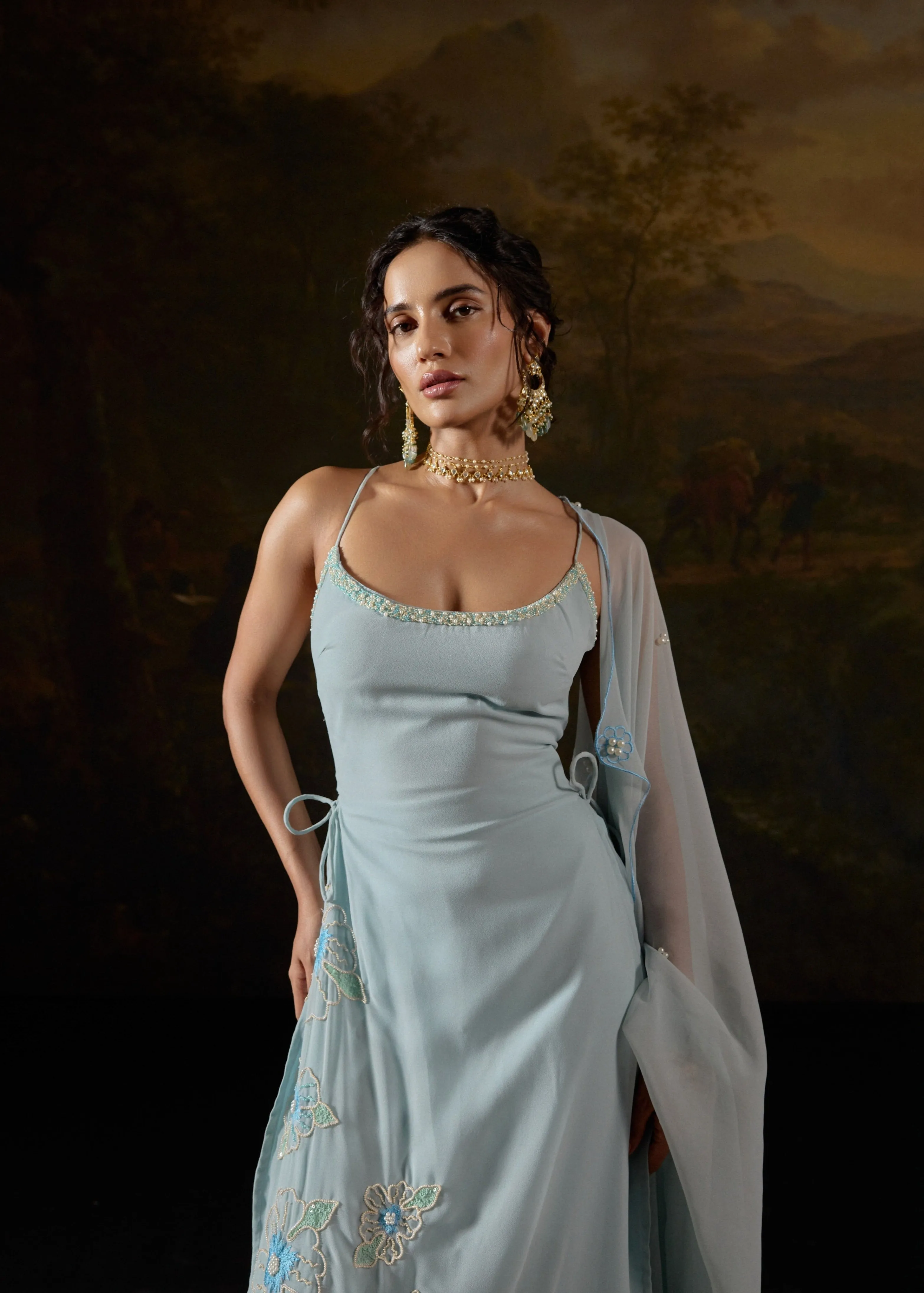 Raaya Baby Blue Hand-Embroidered Sleeveless Suit