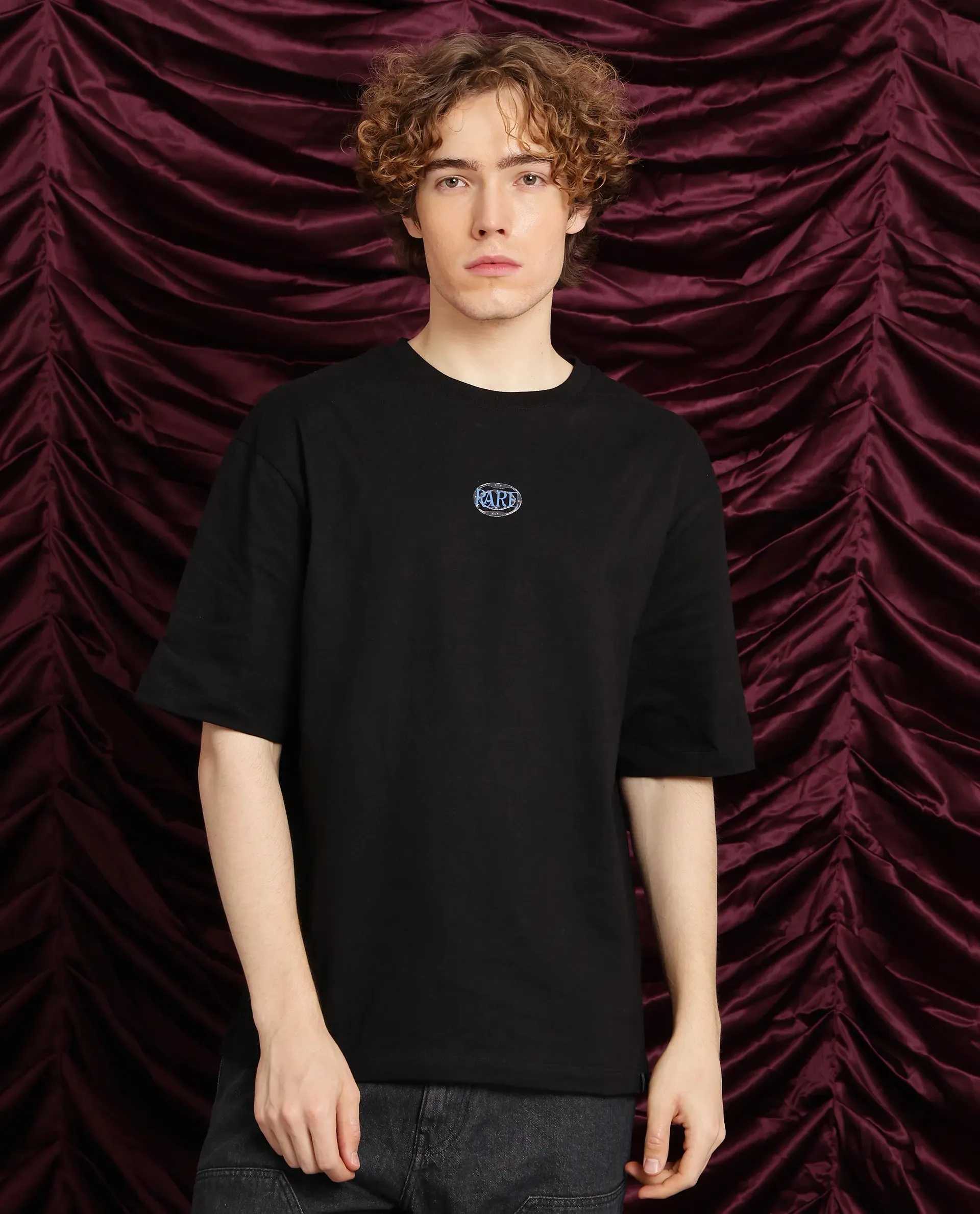 Rare Rabbit Men Cato Black Cotton Fabric Short Sleeve Crew Neck Boxy Fit Graphic Print T-Shirt