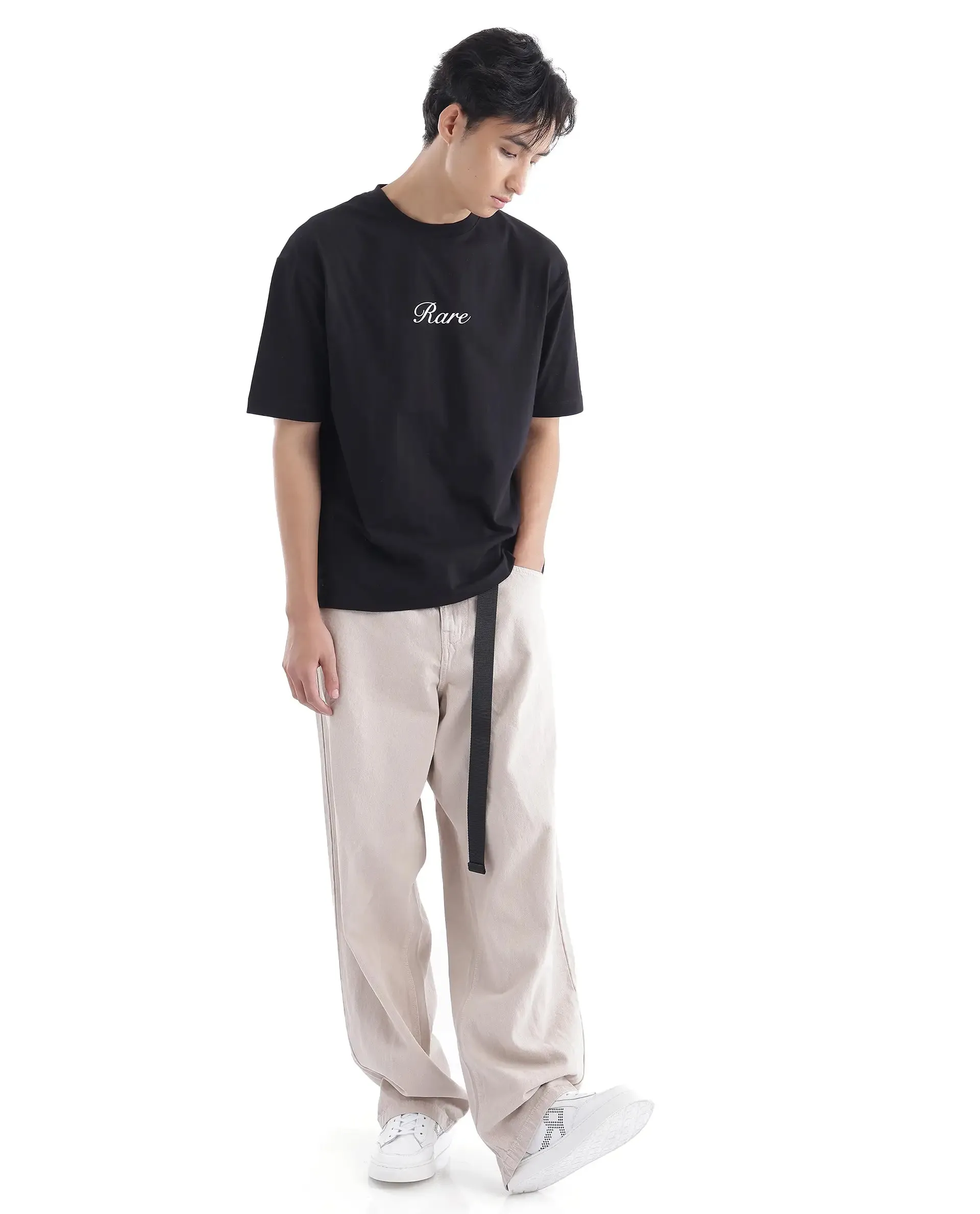 Rare Rabbit Men Galle Black Short Sleeve Crew Neck Oversized Fit Graphic Back Print T-Shirt