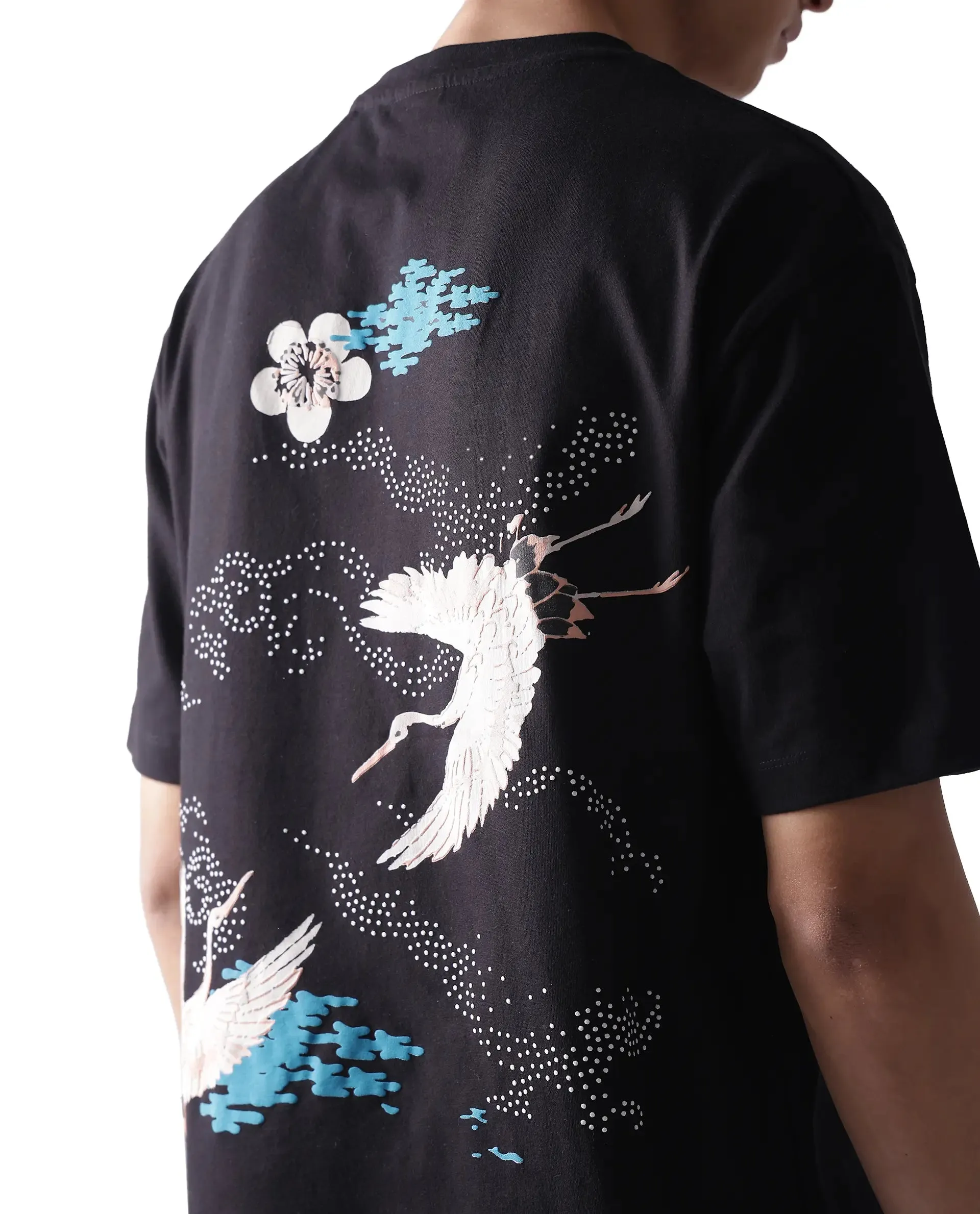 Rare Rabbit Men Galle Black Short Sleeve Crew Neck Oversized Fit Graphic Back Print T-Shirt