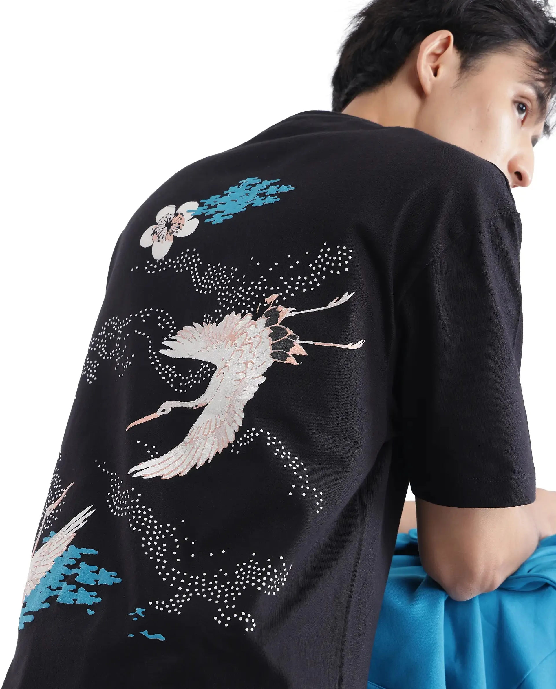 Rare Rabbit Men Galle Black Short Sleeve Crew Neck Oversized Fit Graphic Back Print T-Shirt