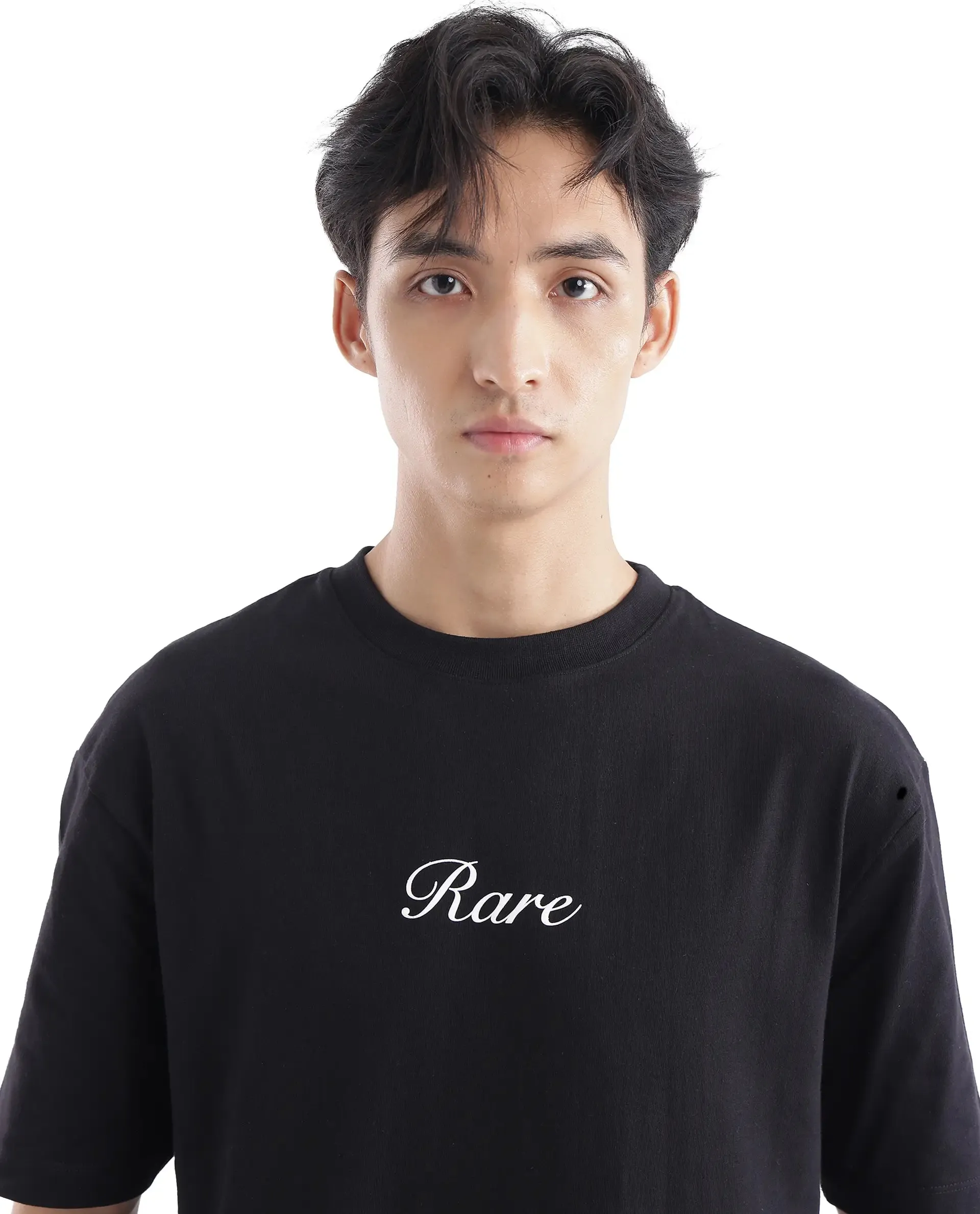 Rare Rabbit Men Galle Black Short Sleeve Crew Neck Oversized Fit Graphic Back Print T-Shirt