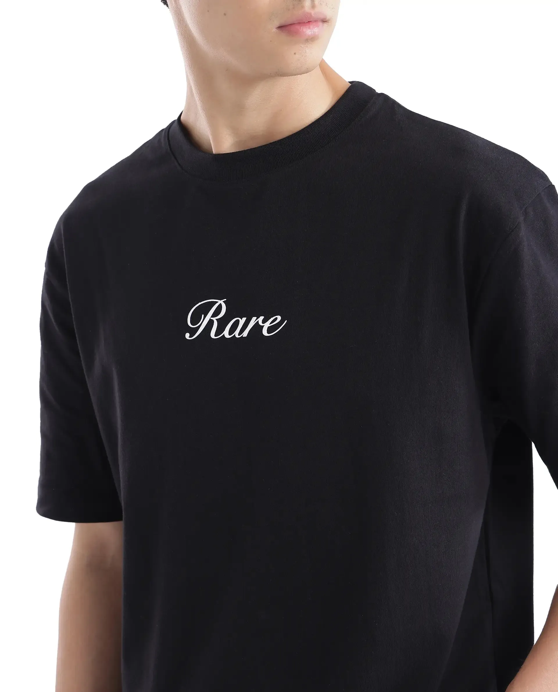 Rare Rabbit Men Galle Black Short Sleeve Crew Neck Oversized Fit Graphic Back Print T-Shirt