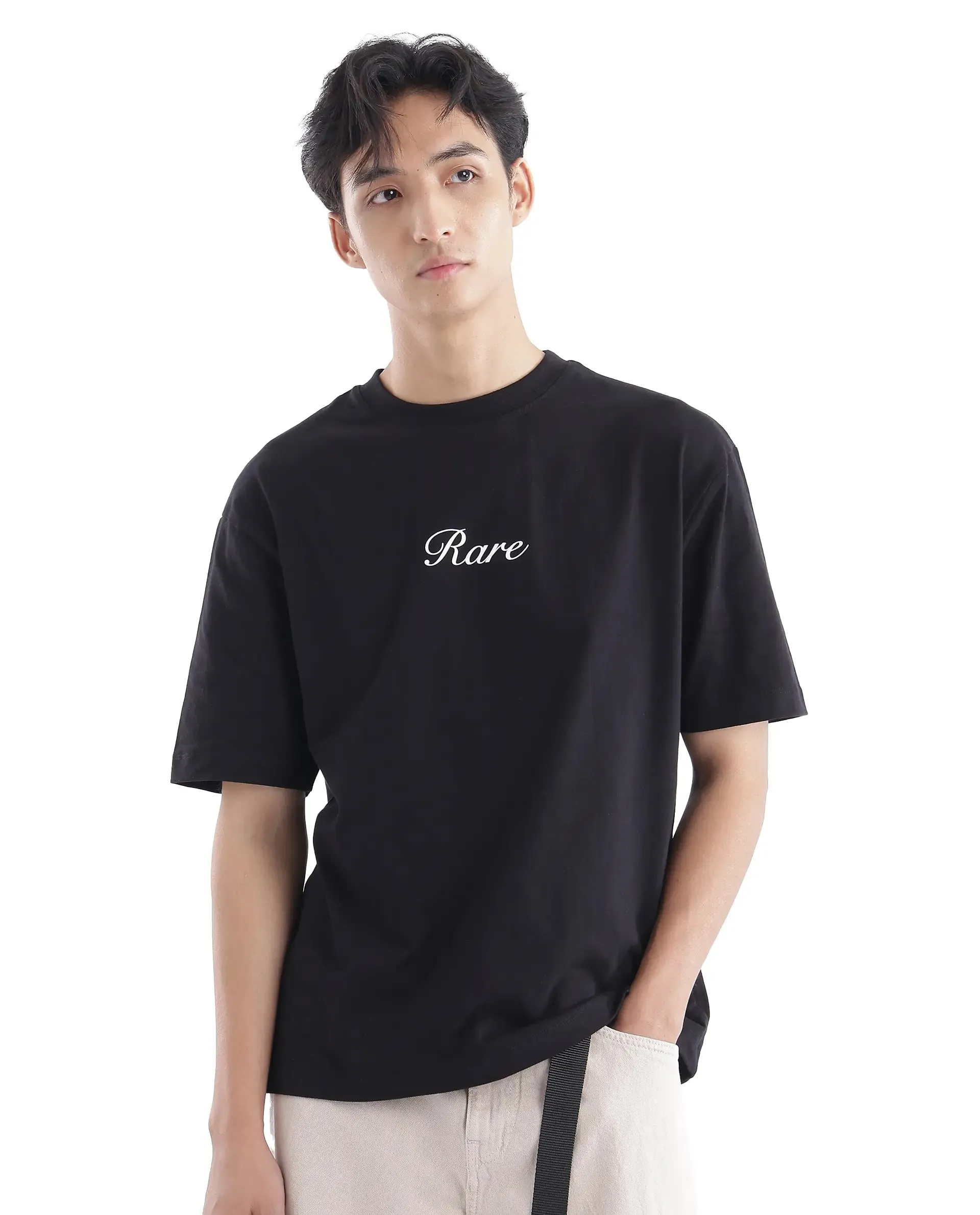 Rare Rabbit Men Galle Black Short Sleeve Crew Neck Oversized Fit Graphic Back Print T-Shirt