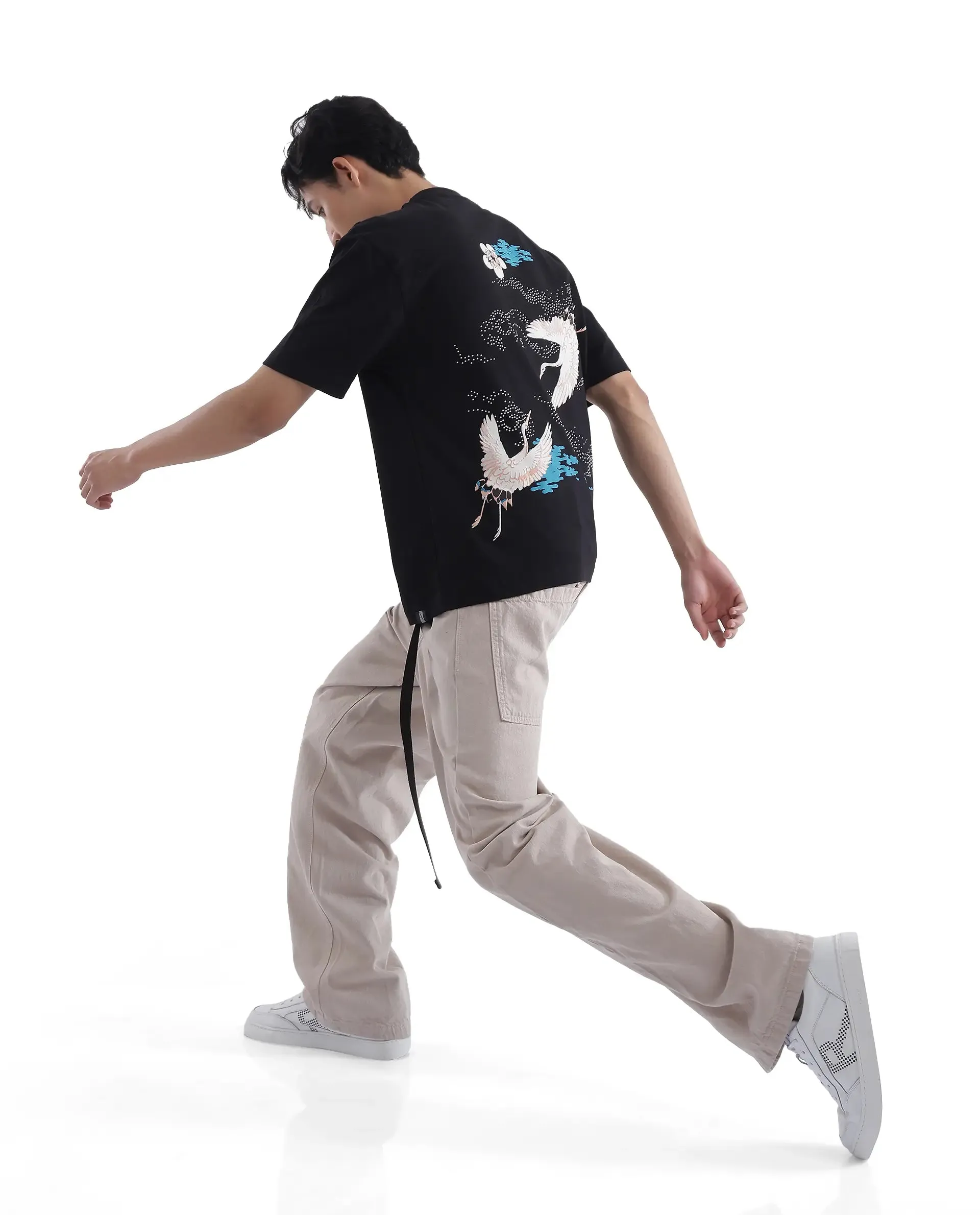 Rare Rabbit Men Galle Black Short Sleeve Crew Neck Oversized Fit Graphic Back Print T-Shirt