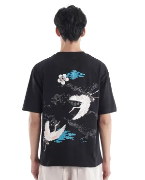 Rare Rabbit Men Galle Black Short Sleeve Crew Neck Oversized Fit Graphic Back Print T-Shirt
