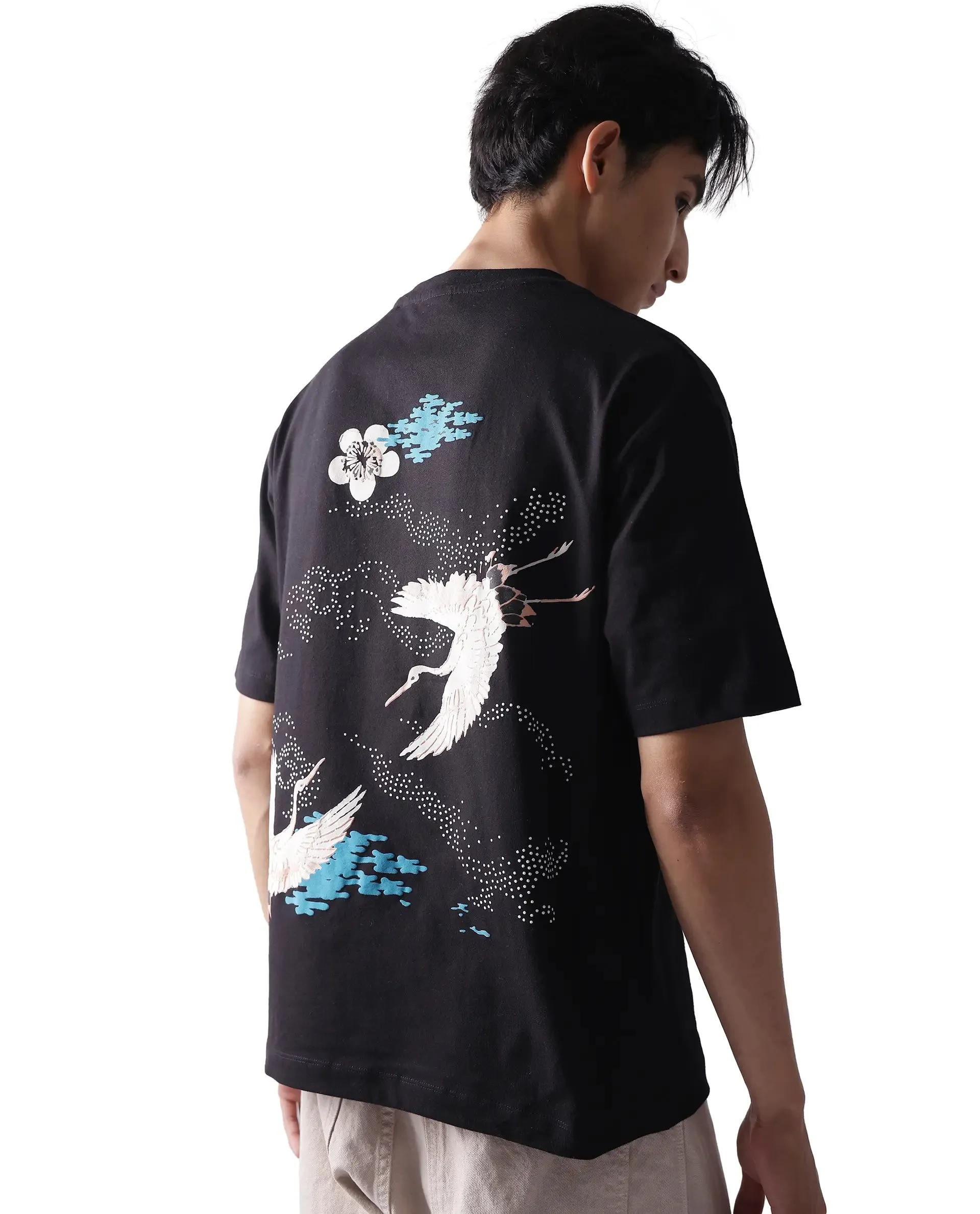 Rare Rabbit Men Galle Black Short Sleeve Crew Neck Oversized Fit Graphic Back Print T-Shirt