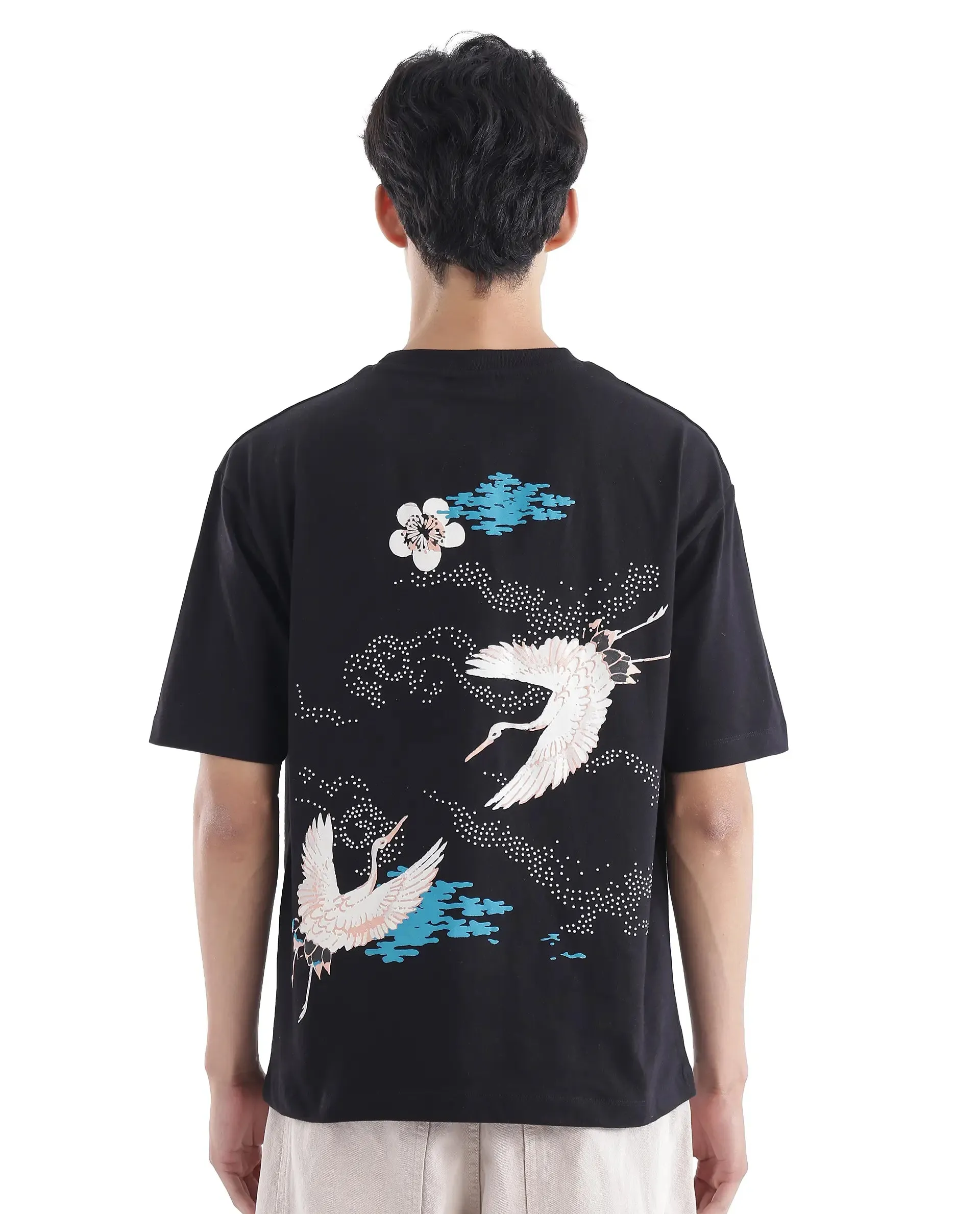 Rare Rabbit Men Galle Black Short Sleeve Crew Neck Oversized Fit Graphic Back Print T-Shirt