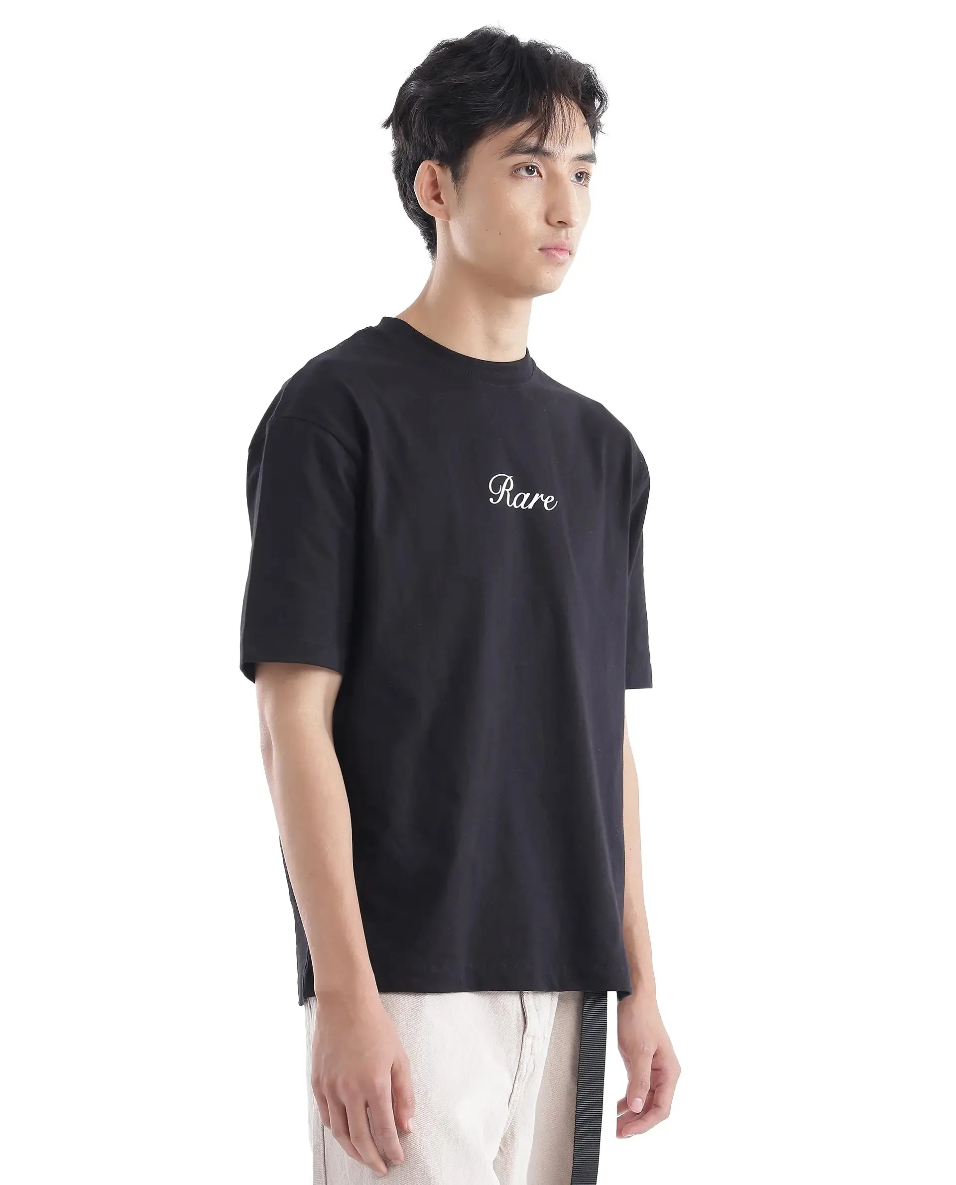 Rare Rabbit Men Galle Black Short Sleeve Crew Neck Oversized Fit Graphic Back Print T-Shirt