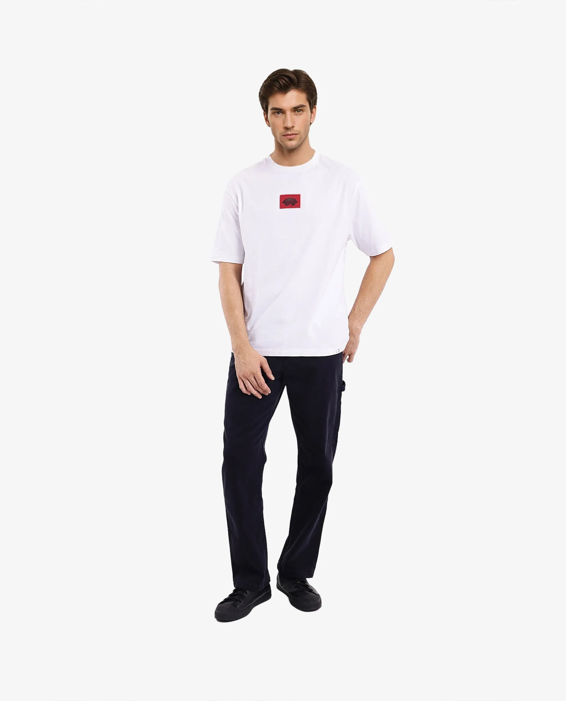 Rare Rabbit Men Jika White Short Sleeve Crew Neck Oversized Fit Graphic Back Print T-Shirt