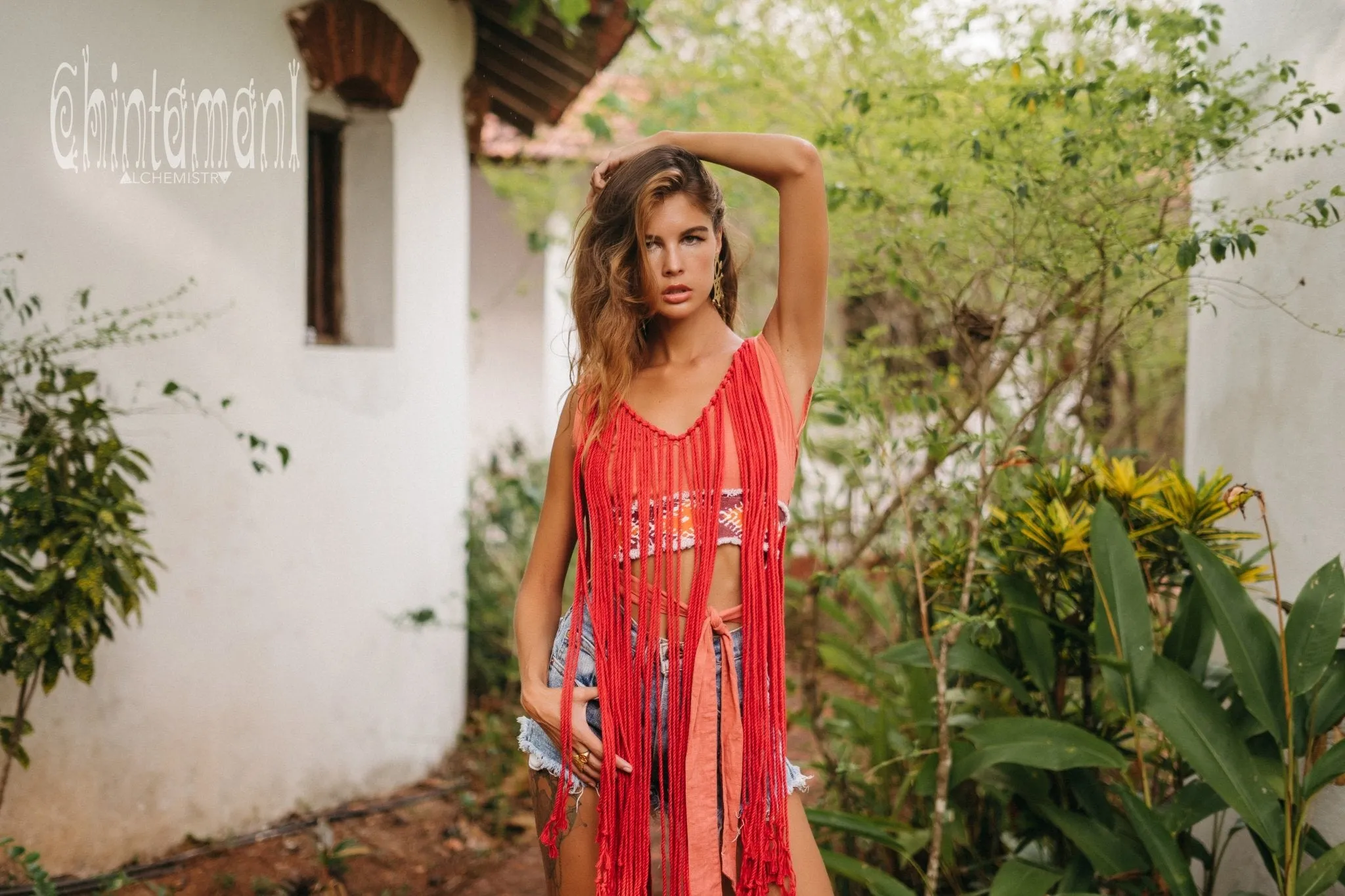 Rope Necklace Boho Top with Tribal Belt / Salmon Red