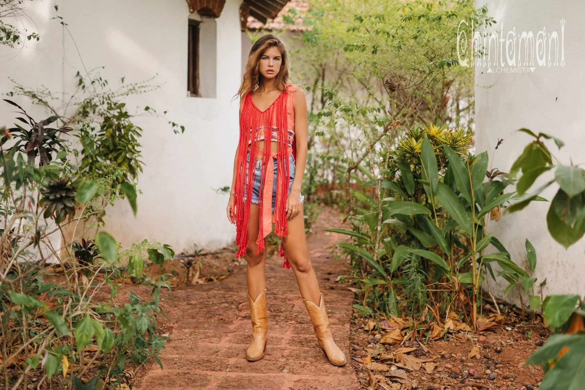 Rope Necklace Boho Top with Tribal Belt / Salmon Red