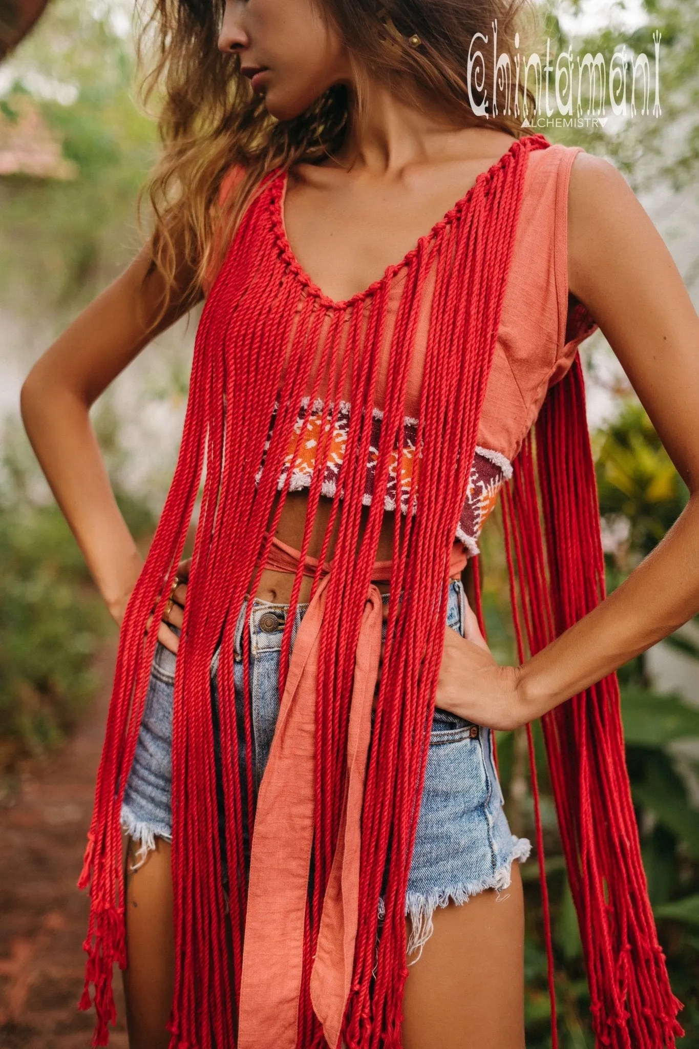 Rope Necklace Boho Top with Tribal Belt / Salmon Red