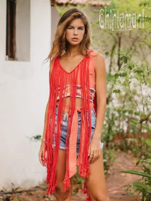Rope Necklace Boho Top with Tribal Belt / Salmon Red