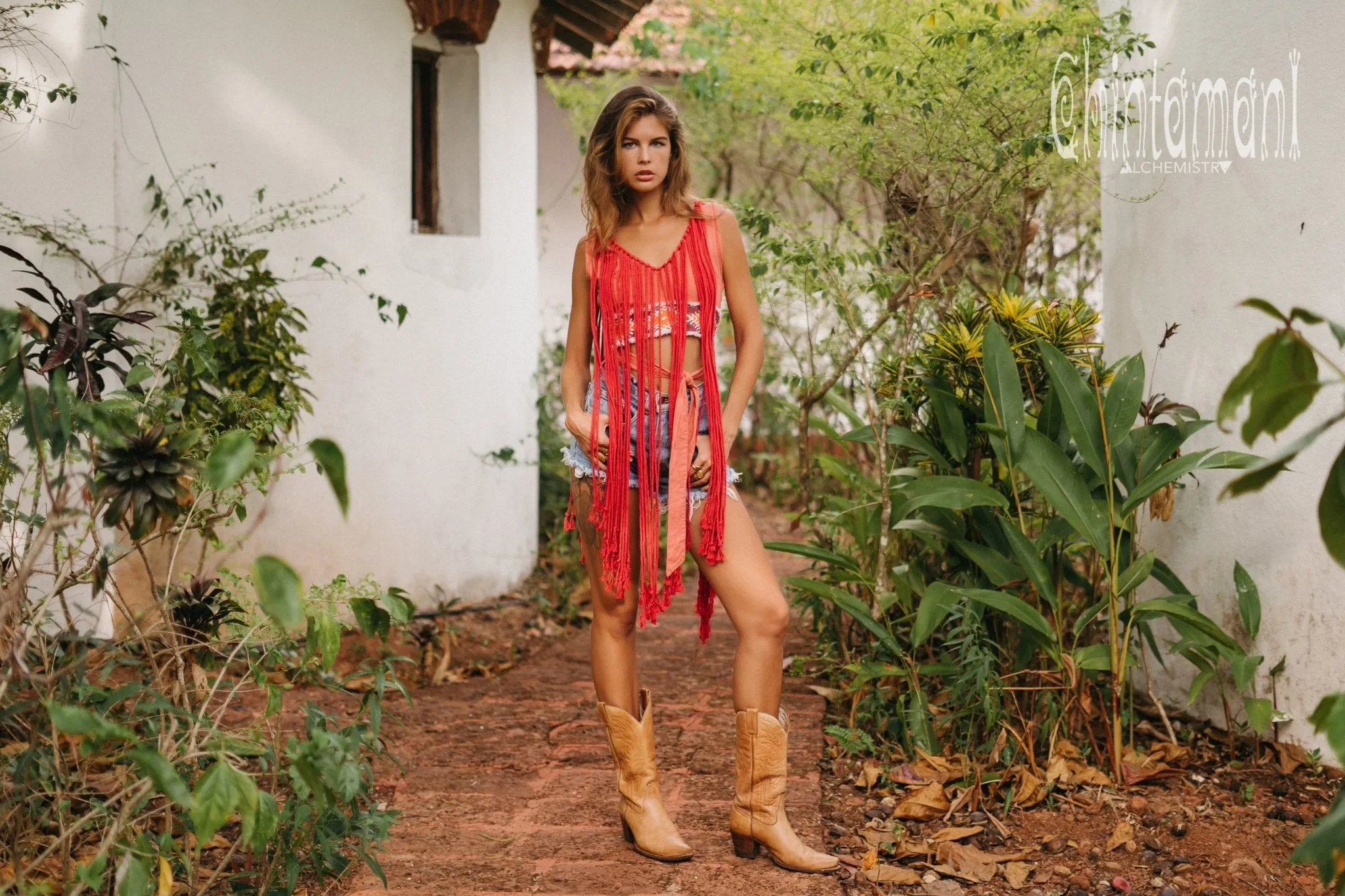 Rope Necklace Boho Top with Tribal Belt / Salmon Red