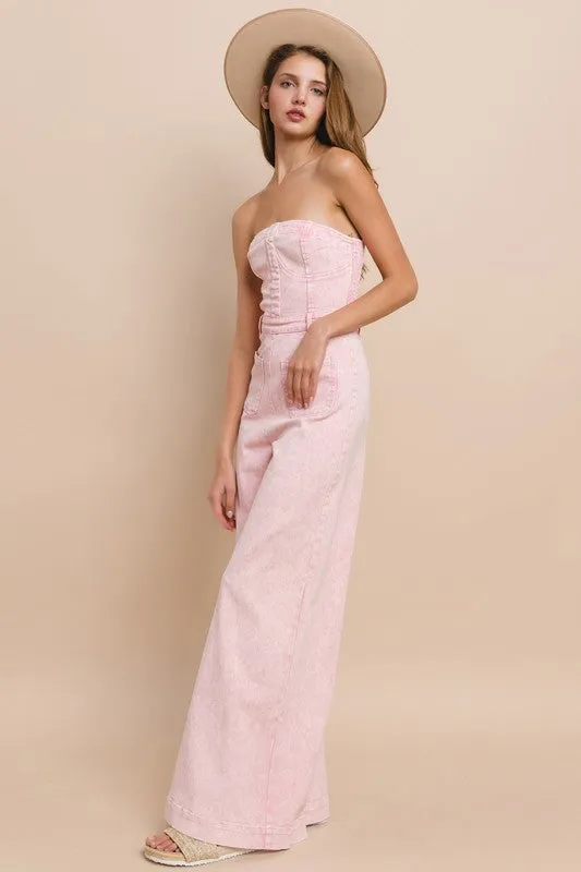 Rose Wide Leg Mineral Wash Tube Top Denim Jumpsuit