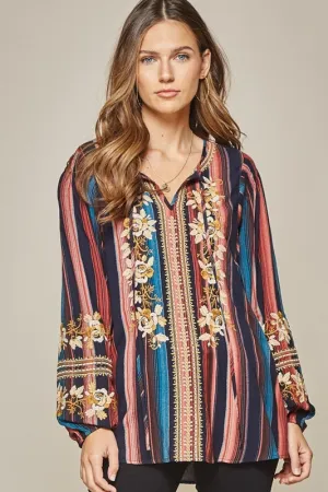 Savanna Jane Embroidered Serape Balloon Sleeve Blouse - Navy Multi