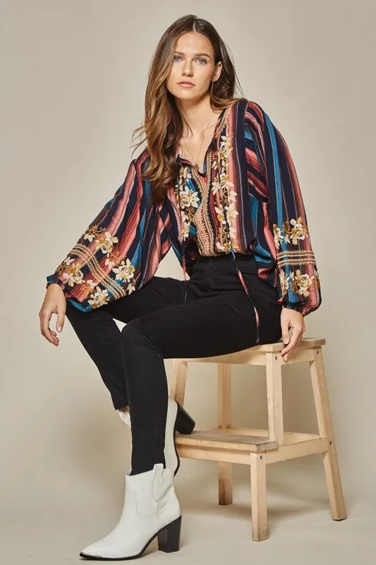 Savanna Jane Embroidered Serape Balloon Sleeve Blouse - Navy Multi