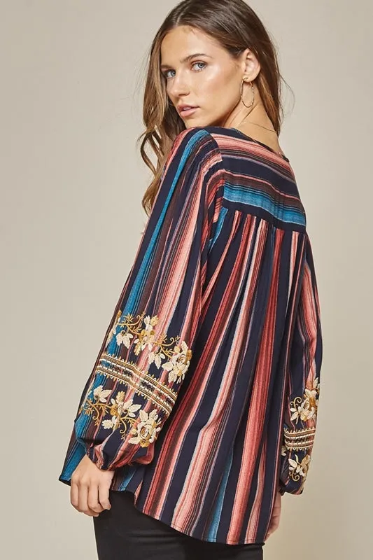 Savanna Jane Embroidered Serape Balloon Sleeve Blouse - Navy Multi