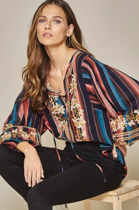 Savanna Jane Embroidered Serape Balloon Sleeve Blouse - Navy Multi