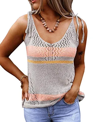 Sexy Grey Striped O Neck Cami Tank - Women's XL
