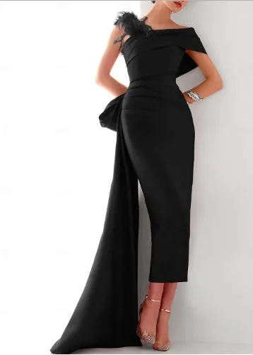 Sheath / Column Evening Gown Formal Sweep / Brush Train Sleeveless One Shoulder Satin with Feather Bow(s)