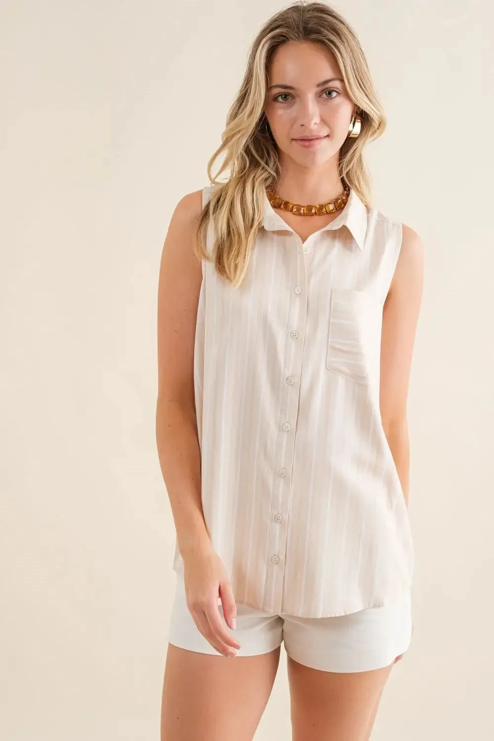 STRIPED SLEEVELESS COLLAR TOP