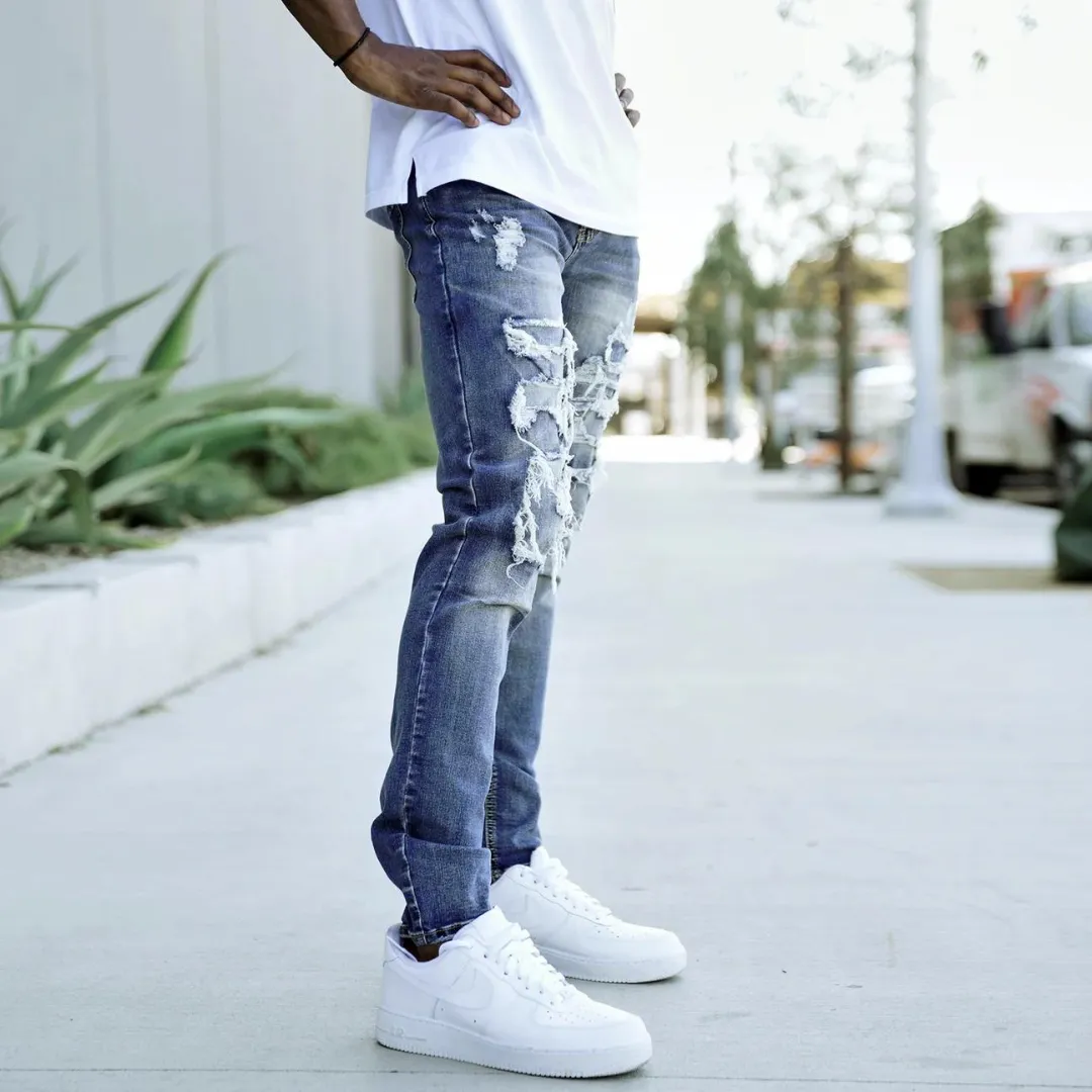 Victorious DISTRESSED RIP & REPAIR DENIM JEANS (INDIGO)