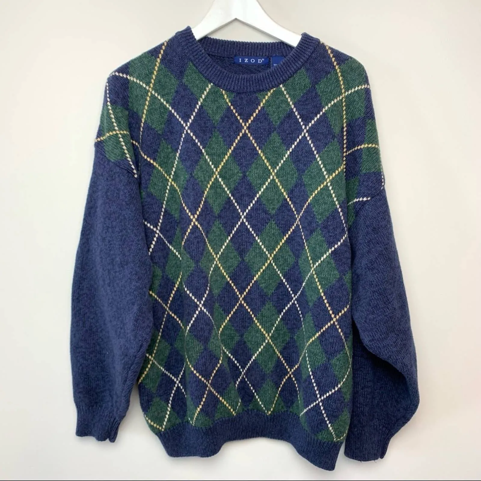 Vintage Izod 90s Argyle Chunky Knit Grandpa Sweater XL Cotton Oversized Blue