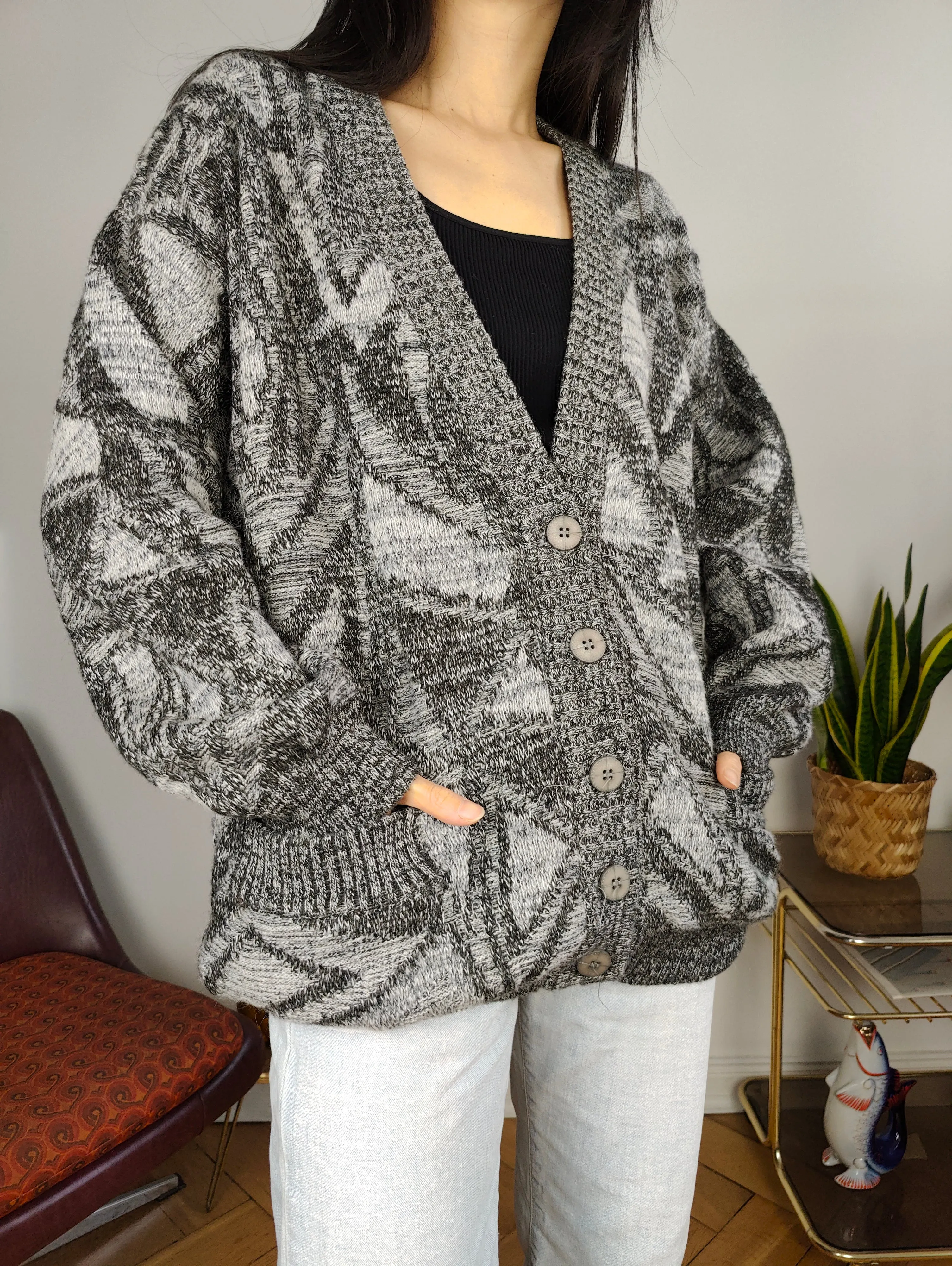 Vintage wool cardigan L XL | grey pattern knit knitted jacket women unisex men