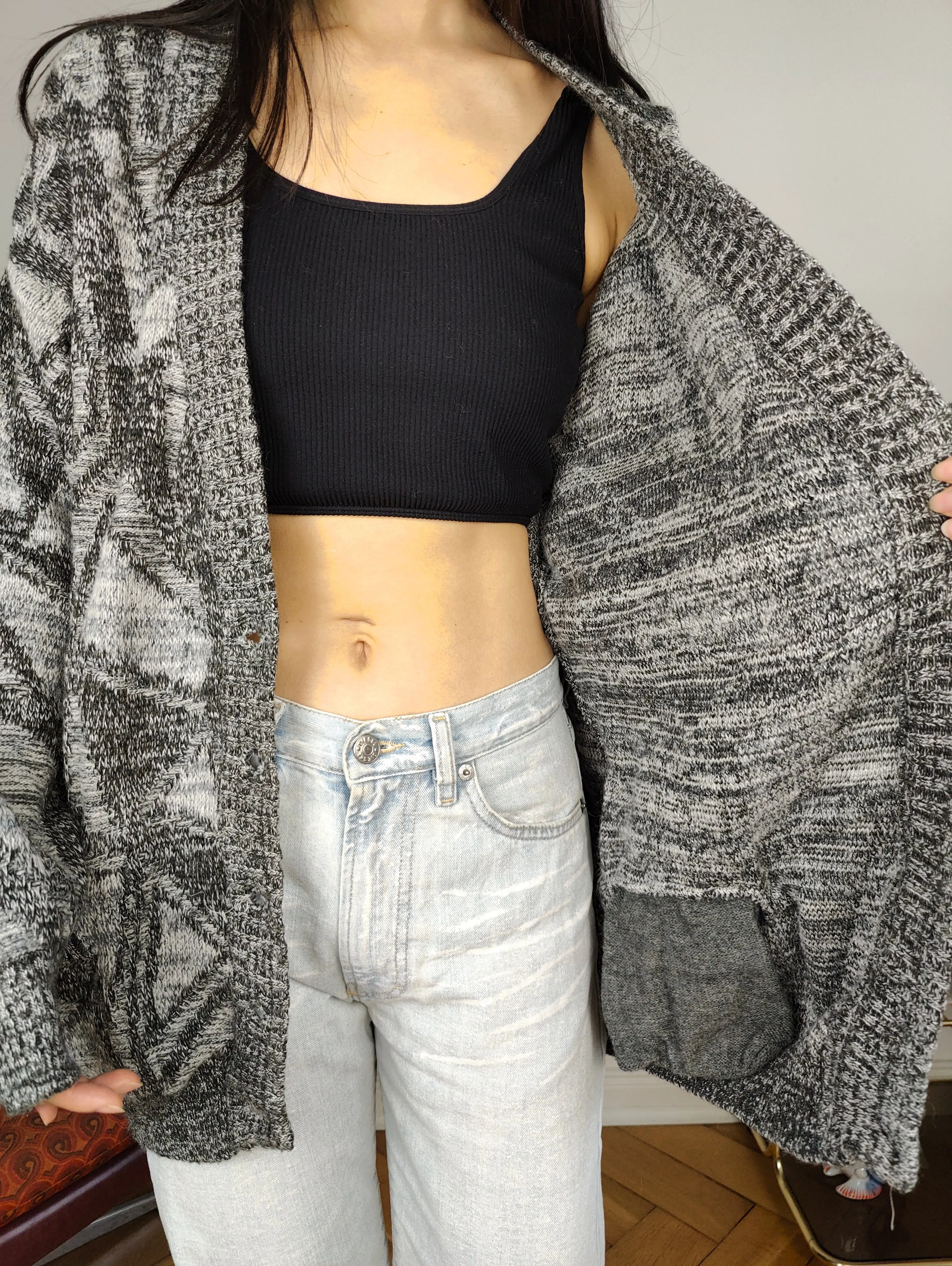 Vintage wool cardigan L XL | grey pattern knit knitted jacket women unisex men