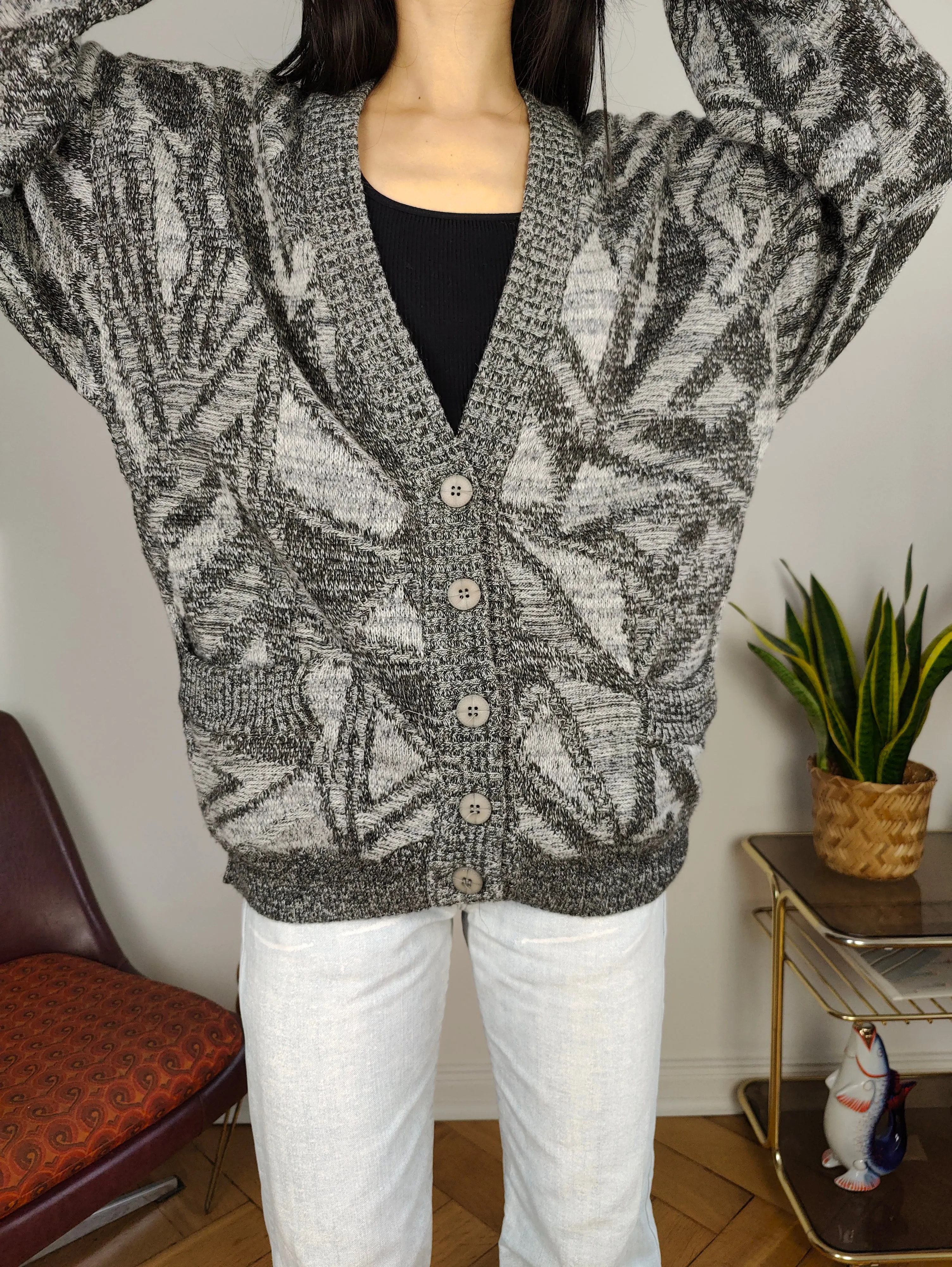 Vintage wool cardigan L XL | grey pattern knit knitted jacket women unisex men